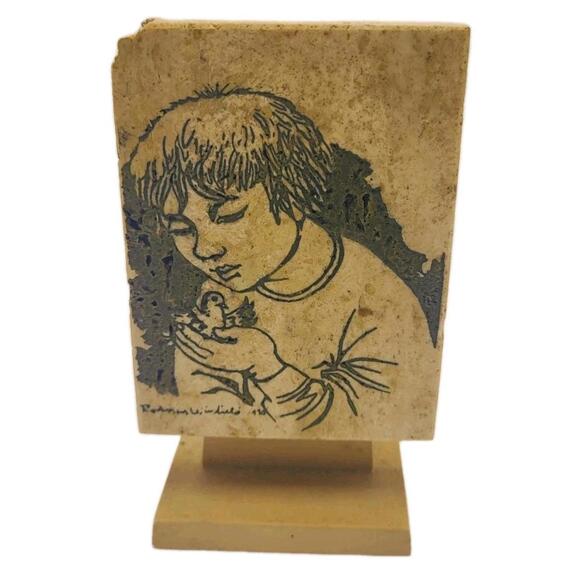 1960 Rodney Winfield Signed Carved Travertine Stone Plaque MCM Art